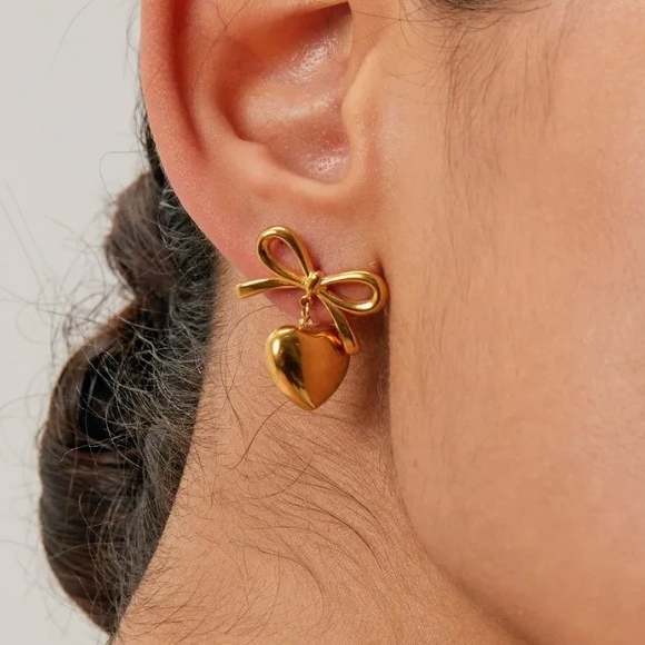 Gold Heart Bow Earrings - Picture 2 of 2